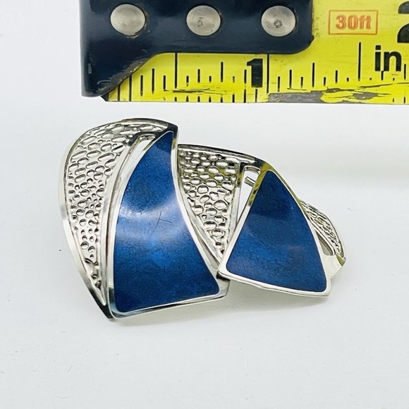 Berebi Signed Blue Enamel Triangle Earrings Textured Silver Tone Curved Zig Zag - Picture 4 of 11